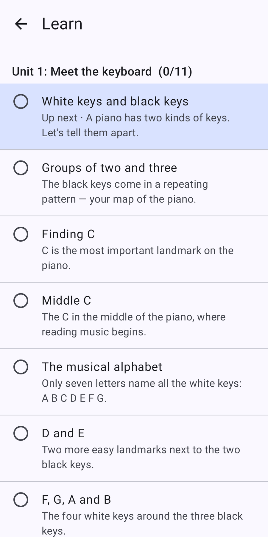 The list of lessons